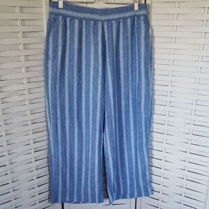 Blue Linen Blend Wide Leg Elastic Waist Striped Pants New Size